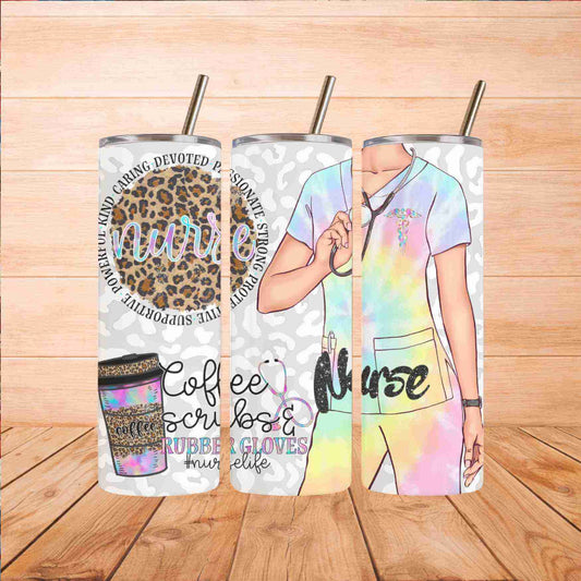 Set of three 20oz Coffee, Scrubs & Rubber Gloves Nurse Tumblers by Becca's Banging Designs LLC, each with nurse illustrations, leopard print heart, medical symbols, and fun text—perfect nurse-themed gift.