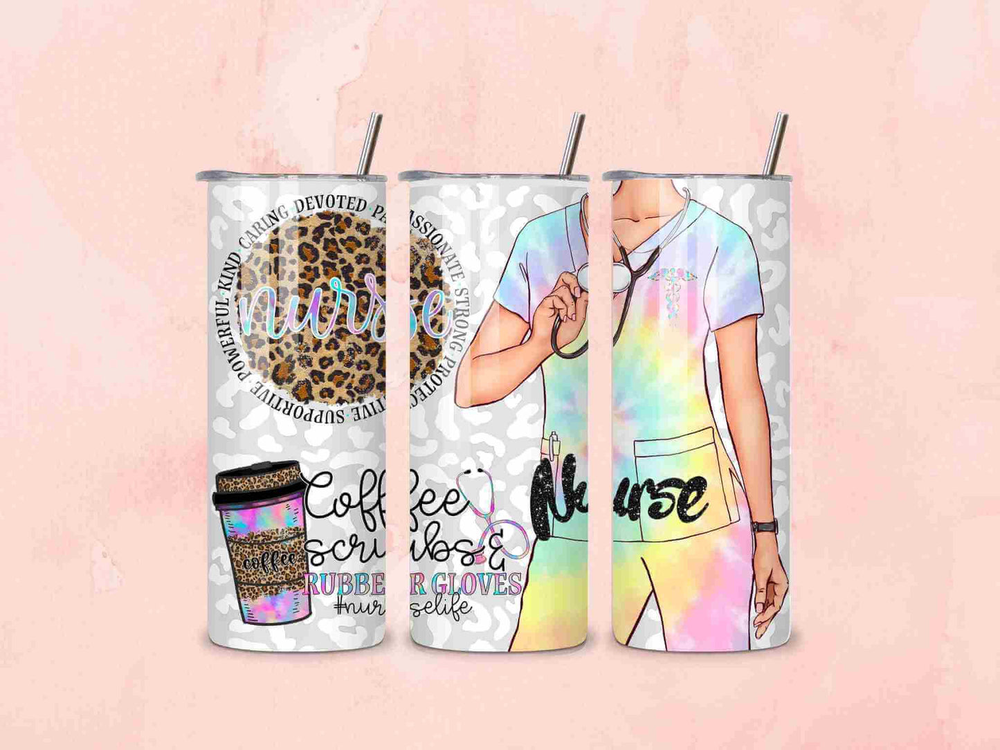 The 20oz Coffee, Scrubs & Rubber Gloves Nurse Tumbler by Becca's Banging Designs LLC features nurse-themed art like leopard print, tie-dye scrubs, stethoscopes, and coffee cups—an ideal stainless steel gift for nurses.