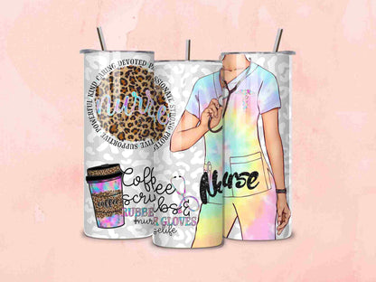 The Coffee, Scrubs & Rubber Gloves Nurse Tumbler – 20oz by Becca's Banging Designs LLC features nurse-inspired designs like leopard print text, a pastel-scrubs nurse, and a "coffee, scrubs, rubber gloves" cup—an ideal gift for nurses.