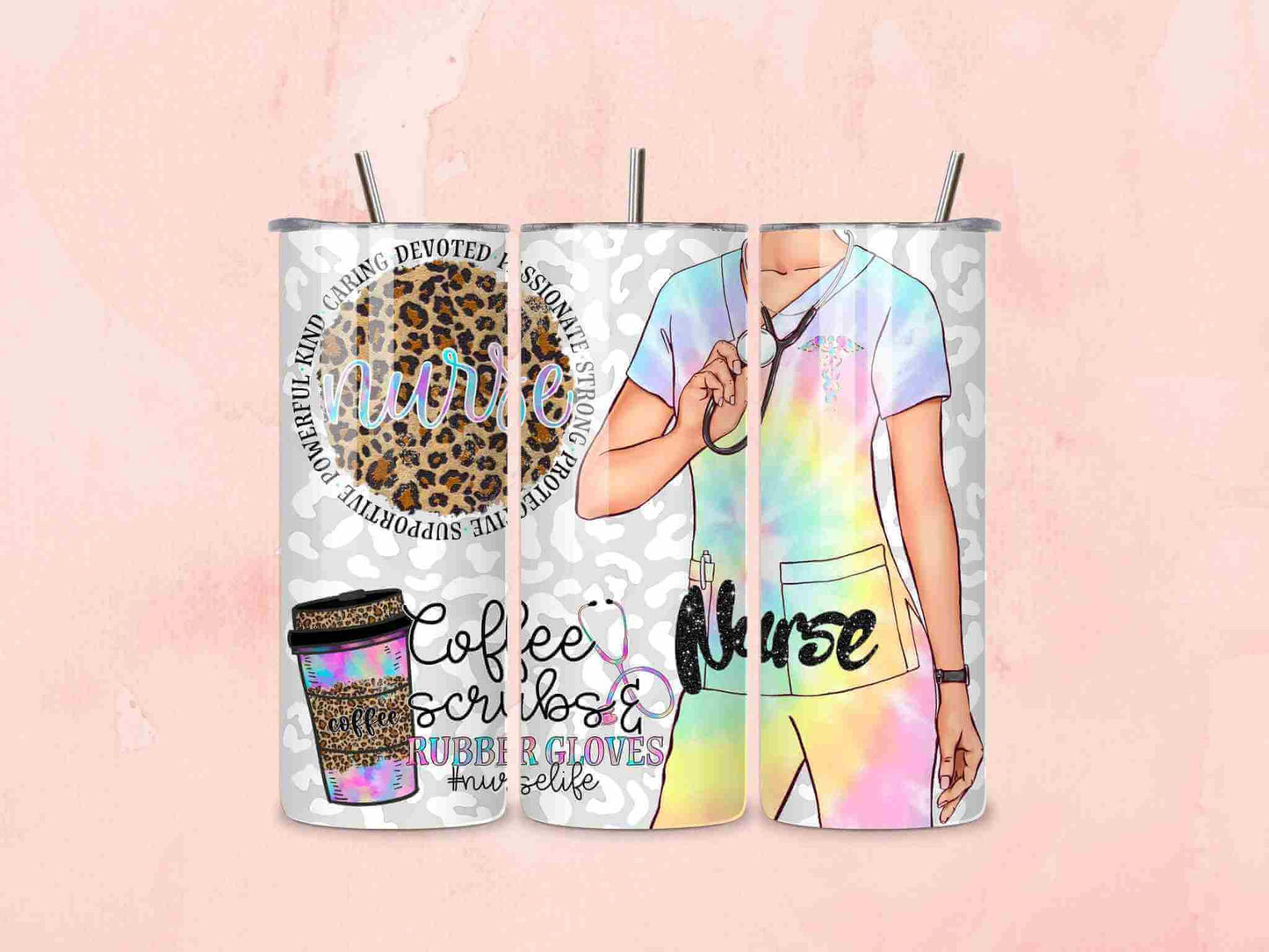 The Coffee, Scrubs & Rubber Gloves Nurse Tumbler (20oz) by Becca's Banging Designs LLC features vibrant nurse-themed designs—perfect for daily use or as a thoughtful gift for any healthcare hero.