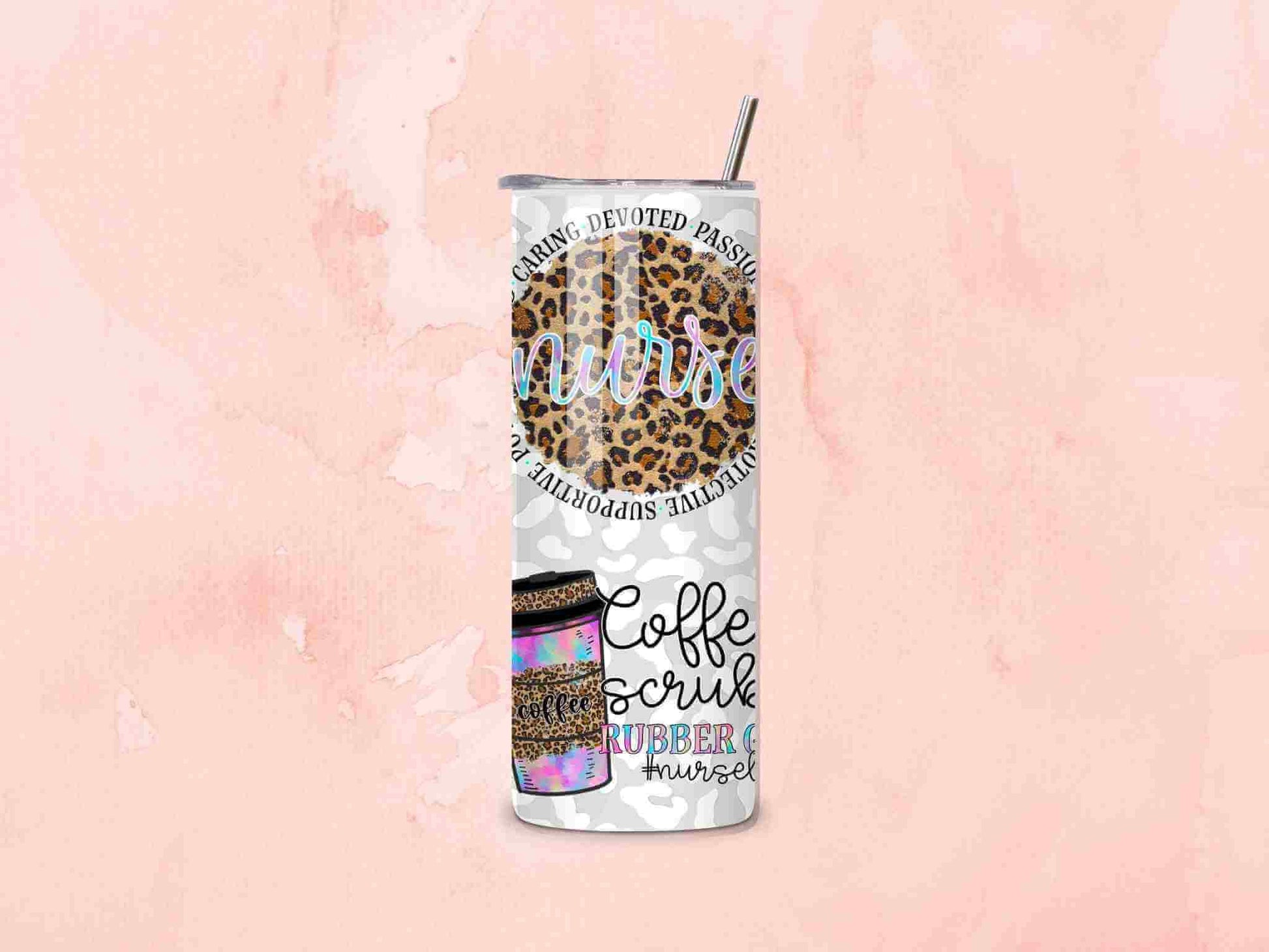 The Coffee, Scrubs & Rubber Gloves Nurse Tumbler – 20oz by Becca's Banging Designs LLC features chic leopard print, “nurse” script, caring phrases, and a coffee cup on pink marble—an ideal stainless steel nurse gift.