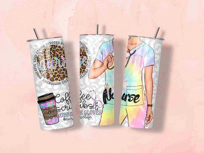 Three Becca's Banging Designs LLC 20oz Coffee, Scrubs & Rubber Gloves Nurse Tumblers are shown on a pink background, with nurse-themed prints like leopard accents and pastel scrubs—perfect stainless steel gifts for nurses.