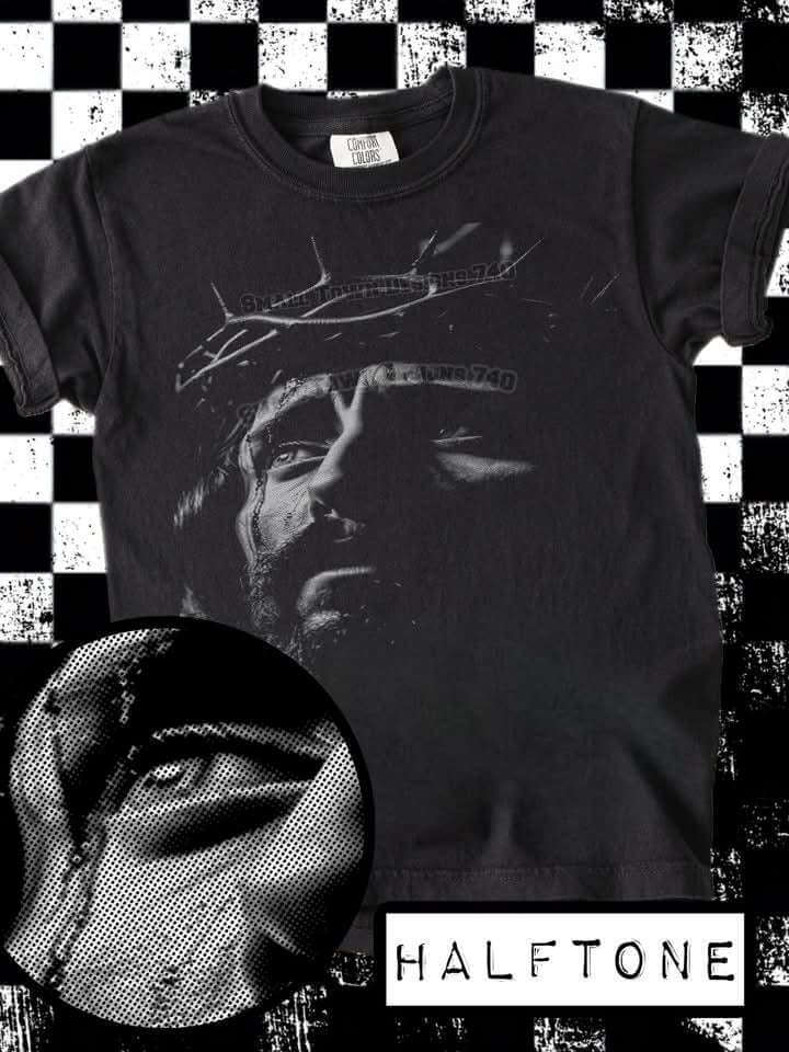 Crowned in Grace Halftone Jesus Portrait Tee Becca's Banging Designs