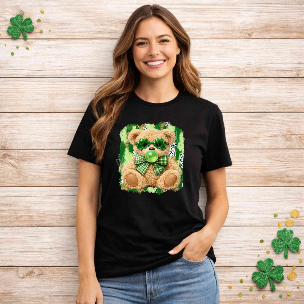 St. Patricks Day Teddy Bear Shirt featuring a bear in shamrock glasses and a green bow, perfect for festive celebrations.