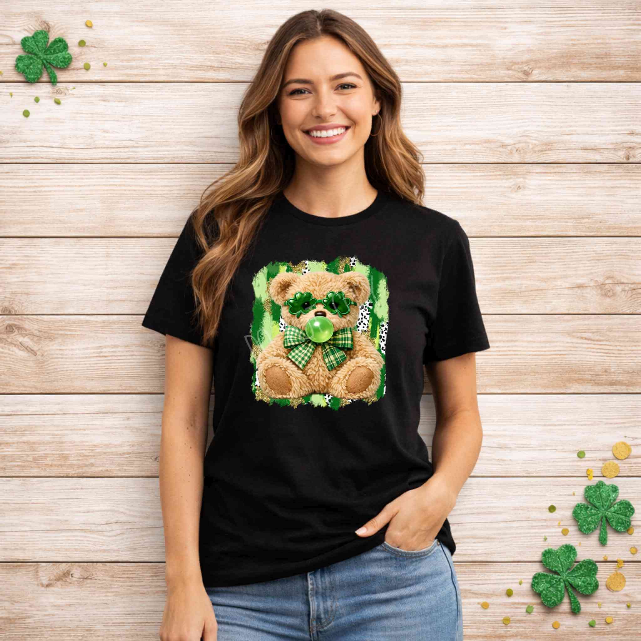 St. Patricks Day Teddy Bear Shirt featuring a bear in shamrock glasses and a green bow, perfect for festive celebrations.