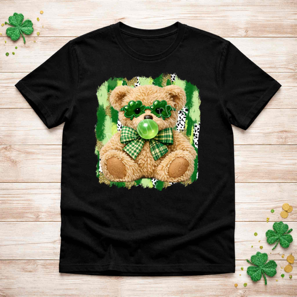 St. Patricks Day Teddy Bear Shirt with shamrock glasses and green bow, perfect for festive celebrations.