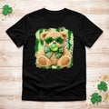 St. Patricks Day Teddy Bear Shirt with shamrock glasses and green bow, perfect for festive celebrations.