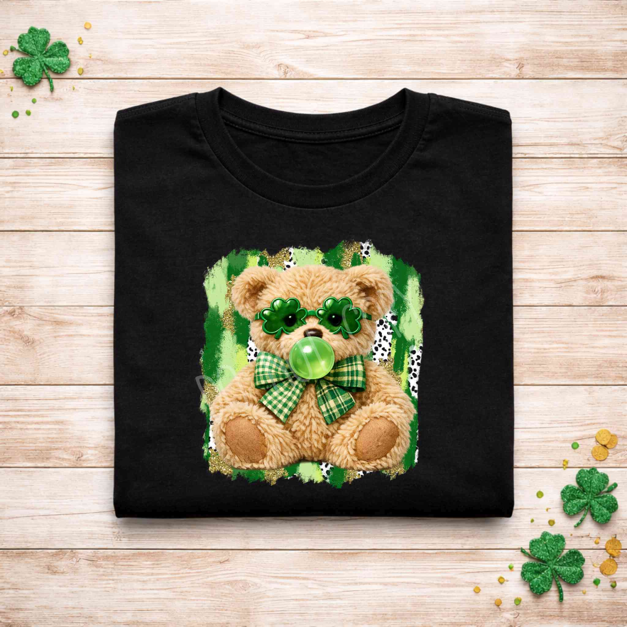 St. Patricks Day Teddy Bear Shirt featuring a teddy bear in shamrock glasses and a green bow on a playful background.