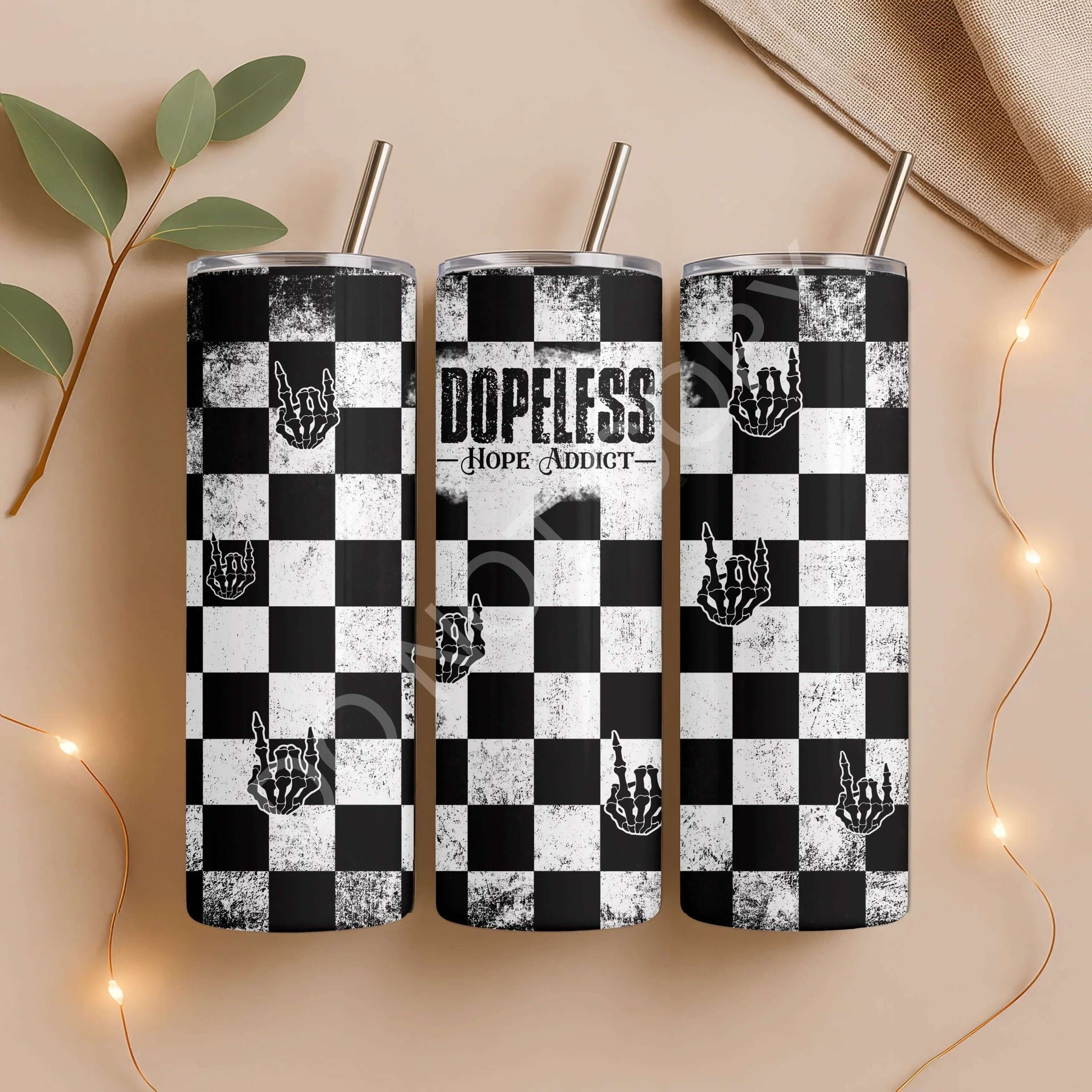 Dopeless Hope Grunge Checkerboard Tumbler with Skeleton Hand Design - Becca's Banging Designs