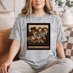 Model wearing Friends Til The End Horror Villains Tee featuring classic horror icons.