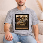 Man wearing Friends Til The End Horror Villains Tee featuring iconic horror villains in a fun design.