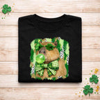 St. Patricks Day Capybara Shirt featuring a cute animal with shamrock glasses and a green bow tie.