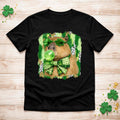 St. Patricks Day Capybara Shirt featuring a capybara with shamrock glasses and a green bowtie.