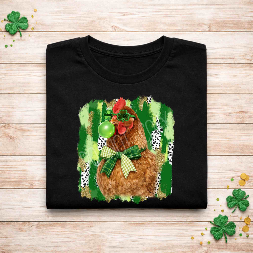 Funny St. patrick's day chicken shirt featuring a hen with shamrock glasses on a black tee.