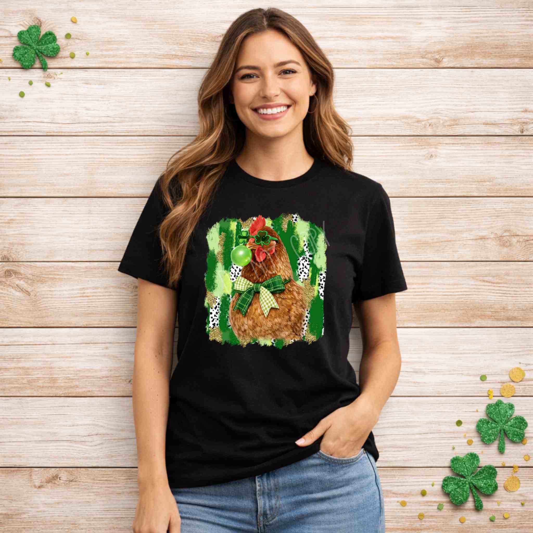 Funny St. patrick's day chicken shirt featuring a hen with shamrock glasses and festive decorations.