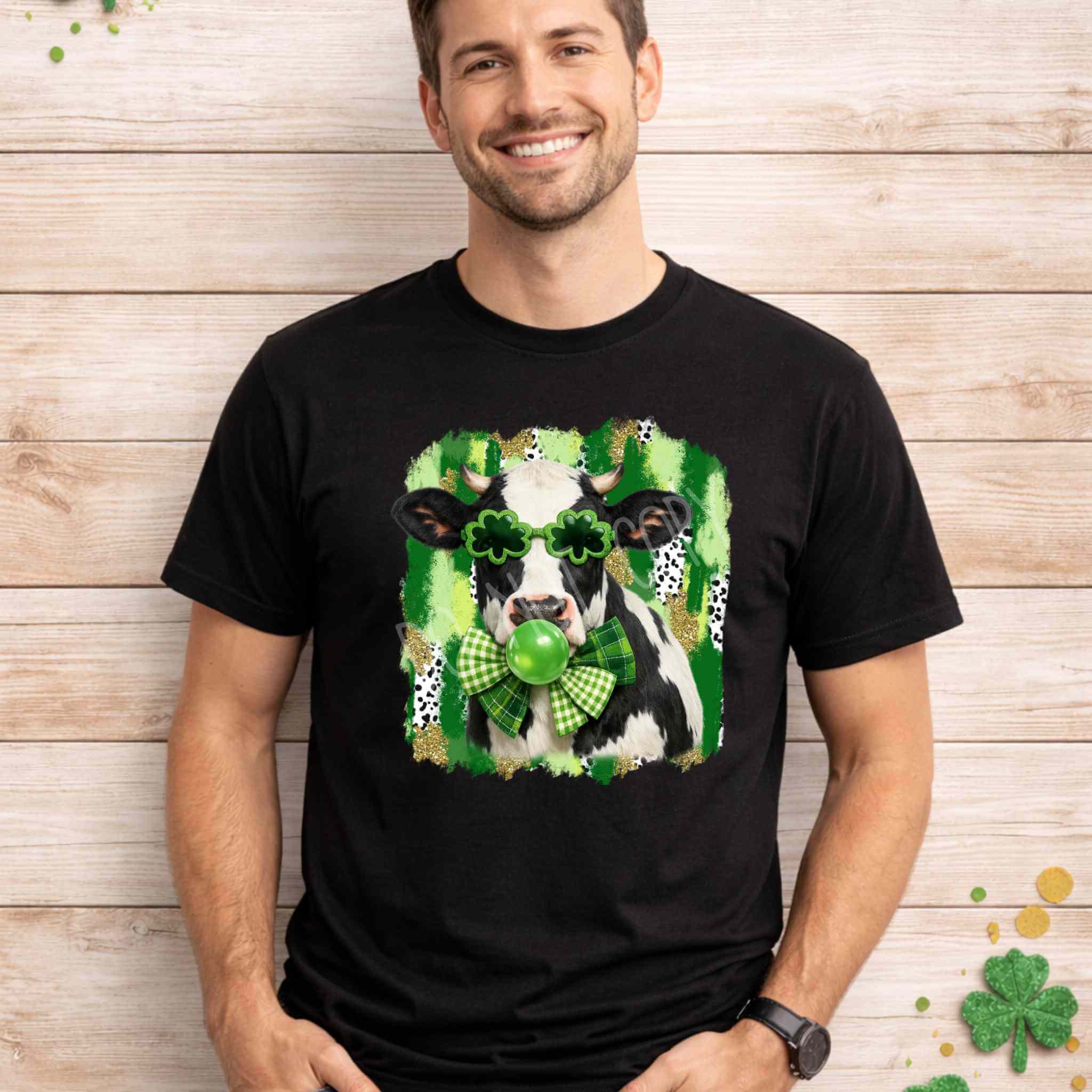 St. Patricks Day Cow Shirt featuring a cow in shamrock glasses and a green bowtie, perfect for festive celebrations.