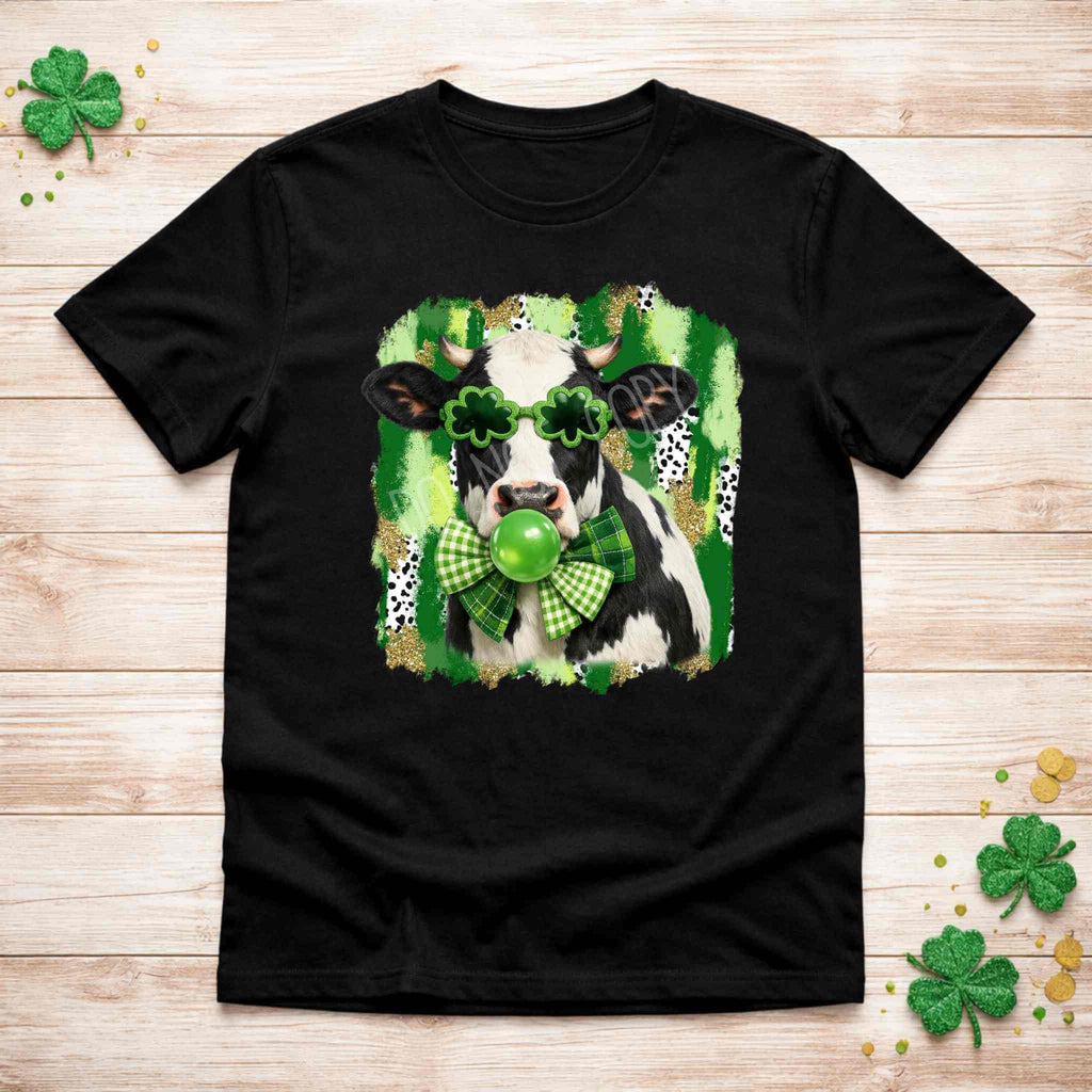 St. Patricks Day Cow Shirt with shamrock glasses and a green bowtie, perfect for festive celebrations.