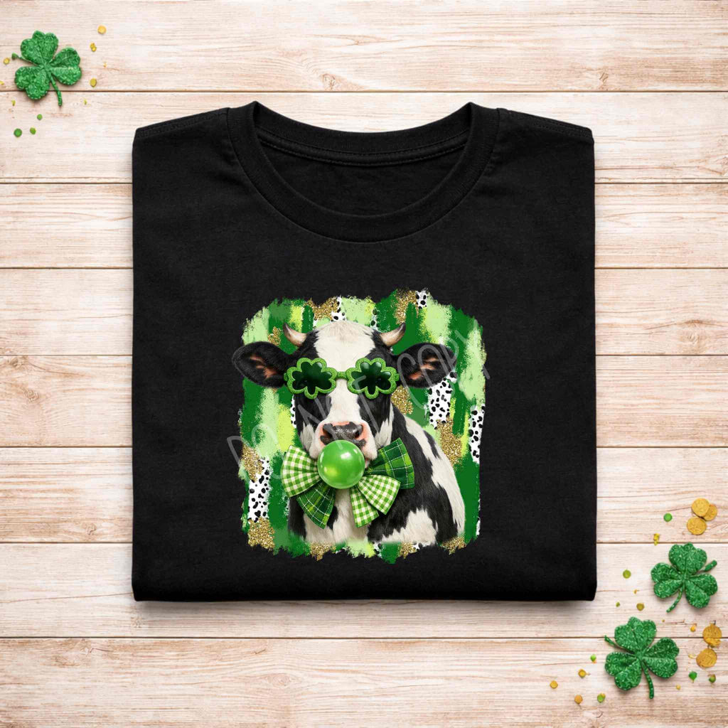 St. Patricks Day Cow Shirt with Shamrock Glasses design on black fabric, perfect for festive celebrations.