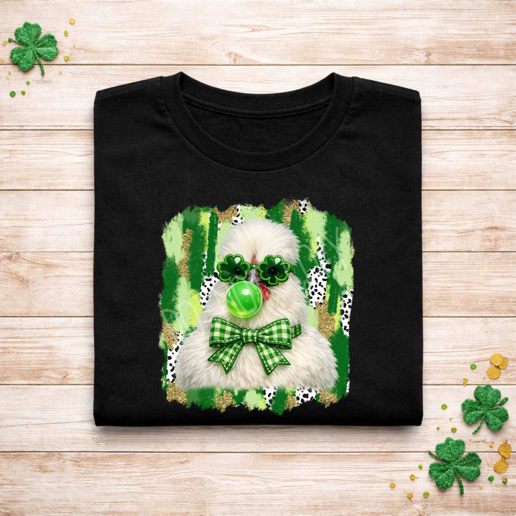 St. Patricks Day Fluffy Chicken Shirt featuring shamrock glasses and a bow tie on a black tee.
