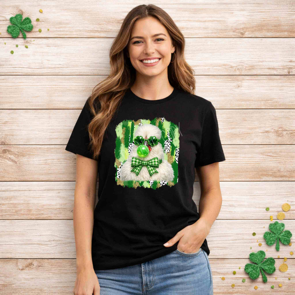 St. Patricks Day Fluffy Chicken Shirt with shamrock glasses displayed on a woman smiling.