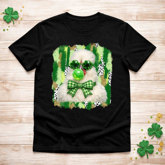 St. Patricks Day Fluffy Chicken Shirt with shamrock glasses and bow tie on black tee