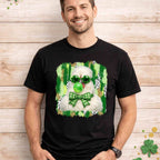 Man wearing a St. Patricks Day Fluffy Chicken Shirt with shamrock glasses and bow tie, perfect for festive celebrations.