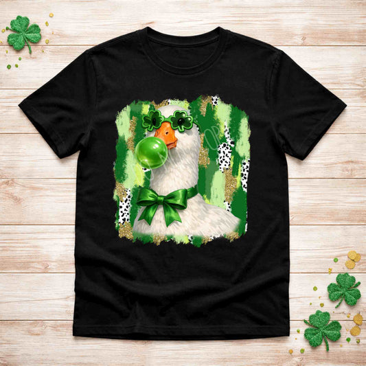 St. Patricks Day Goose Shirt featuring a whimsical goose in shamrock sunglasses on a black tee.