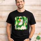 St. Patricks Day Goose Shirt featuring a goose with shamrock glasses and a green bow on a black tee.