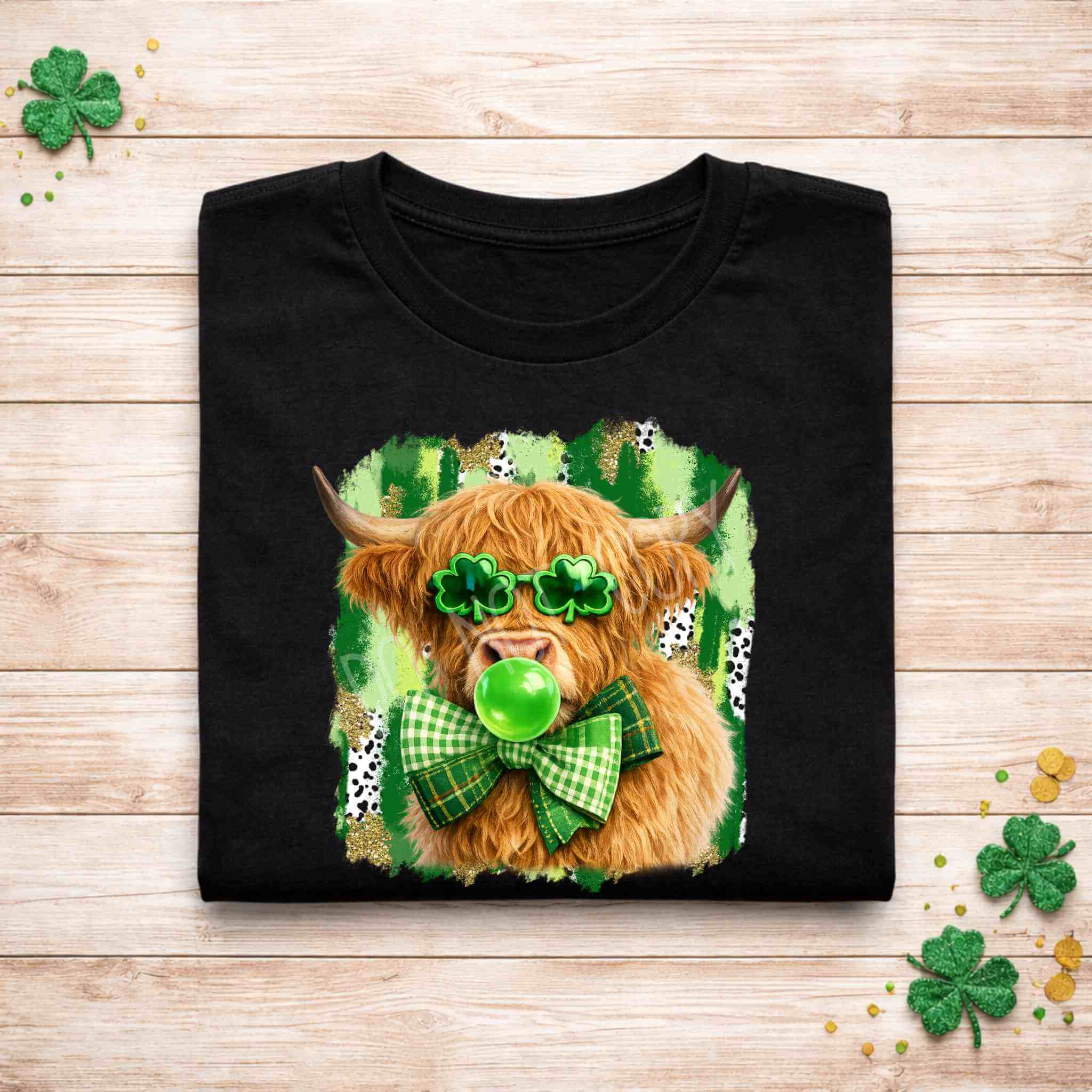 St. Patricks Day Highland cow shirt featuring shamrock sunglasses and bubblegum on a black tee.
