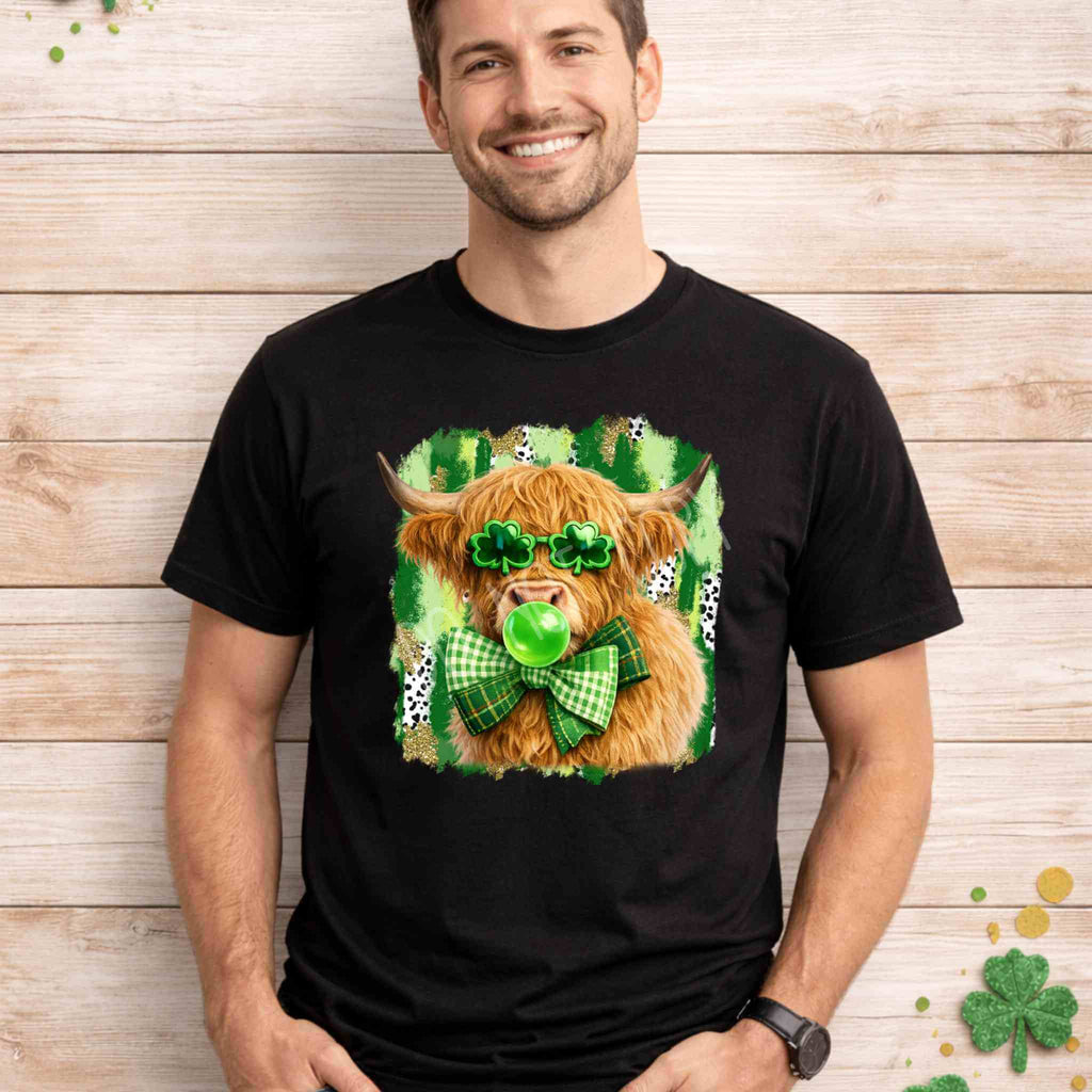 St. Patricks Day Highland Cow Shirt featuring a cow with shamrock glasses and a green bow tie.