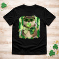 St. Patricks Day Otter Shirt featuring an otter in shamrock glasses and green gingham bow on a black background.