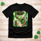 St. Patricks Day Otter Shirt featuring an otter in shamrock glasses and green gingham bow on a black background.