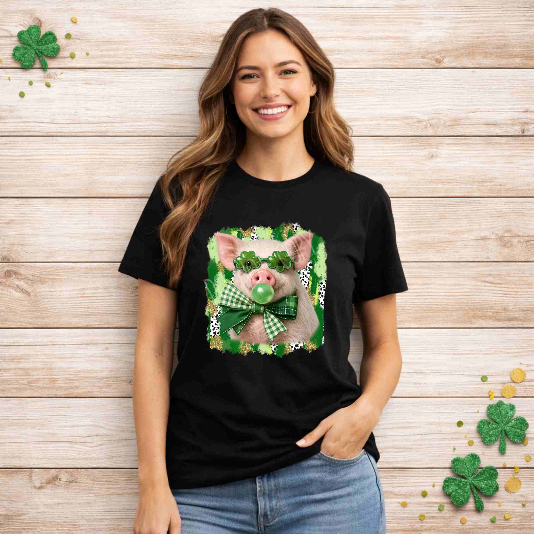 St. Patricks Day pig shirt with cute shamrock glasses and plaid bow, perfect for festive celebrations.