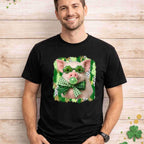 St. Patricks Day pig shirt featuring a pig in shamrock glasses and a green bow tie against a festive background.