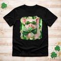 St. Patricks Day pig shirt featuring a pig with shamrock glasses and a plaid bowtie on a festive background.