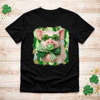 St. Patricks Day pig shirt featuring a pig with shamrock glasses and a plaid bowtie on a festive background.