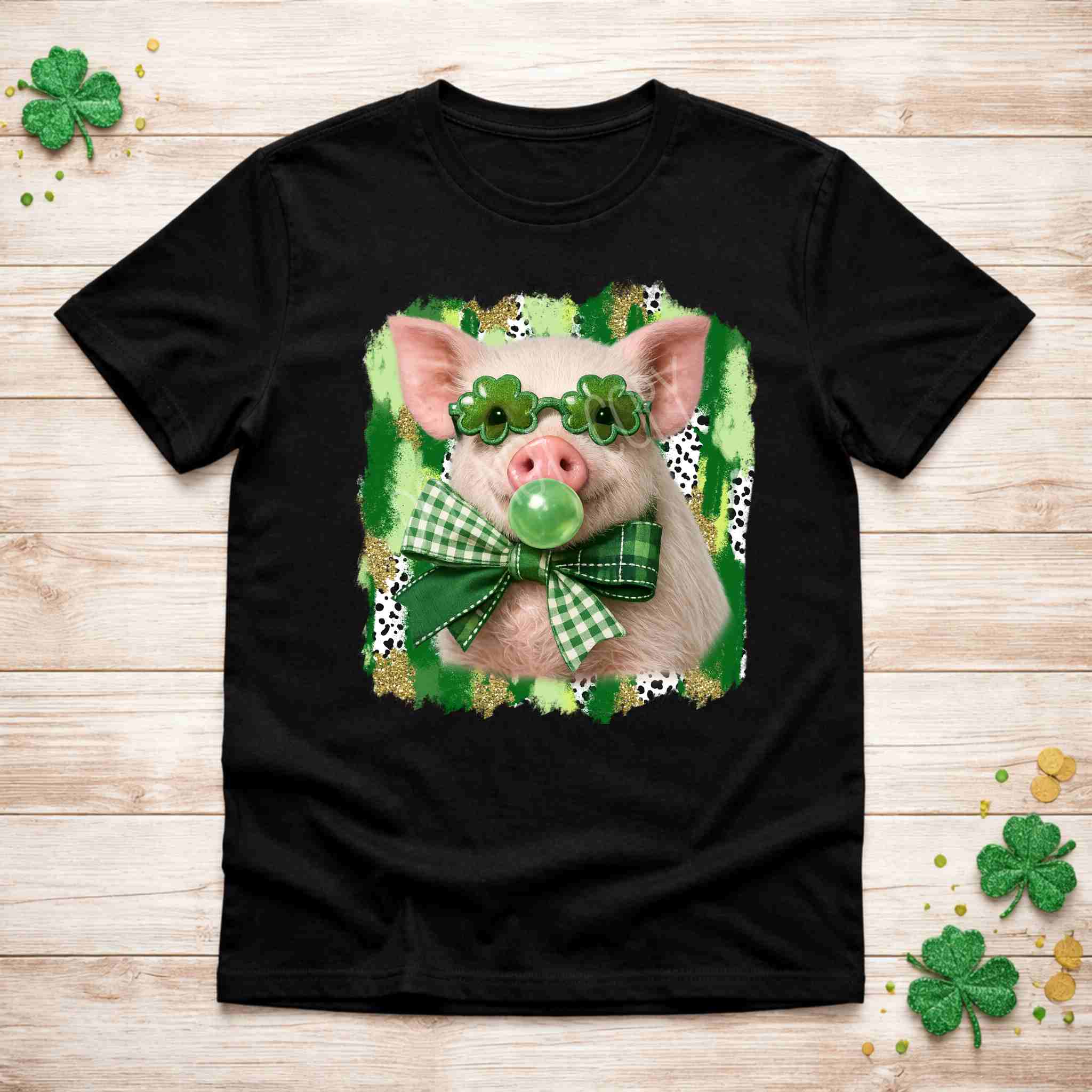 St. Patricks Day pig shirt featuring a pig with shamrock glasses and a plaid bowtie on a festive background.