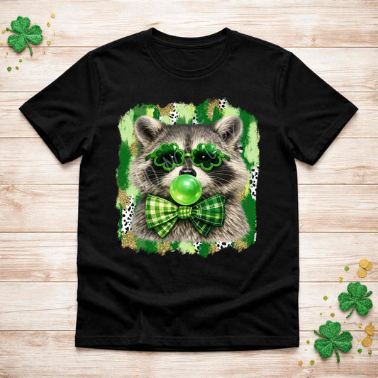 St. Patricks Day Raccoon Shirt featuring a cute raccoon wearing shamrock glasses and a green bow tie.
