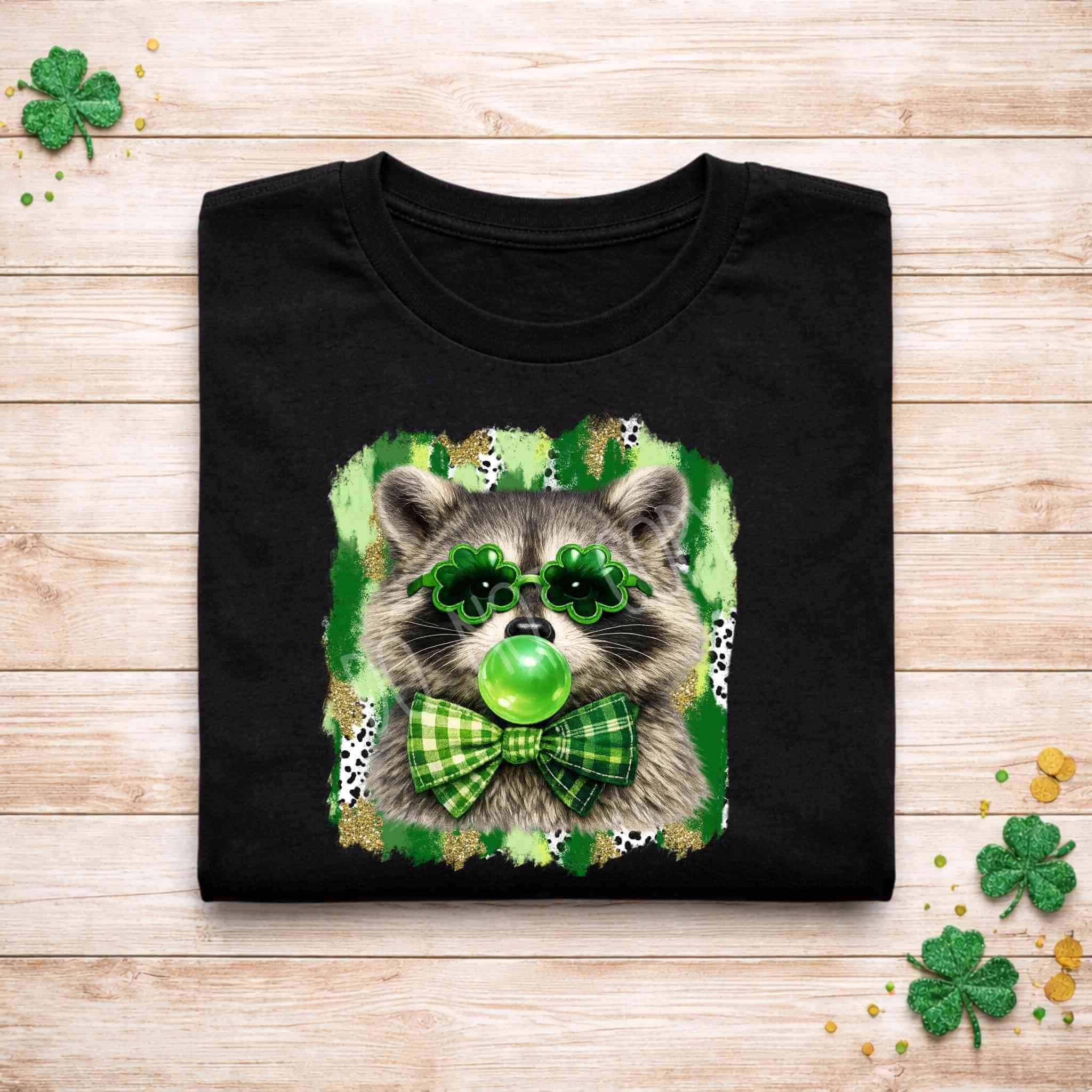 St. Patricks Day Raccoon Shirt featuring a cute raccoon with shamrock glasses and a bow tie on a black tee.