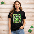 St. Patricks Day Raccoon Shirt featuring shamrock glasses and a cute animal design on a woman wearing a black tee.