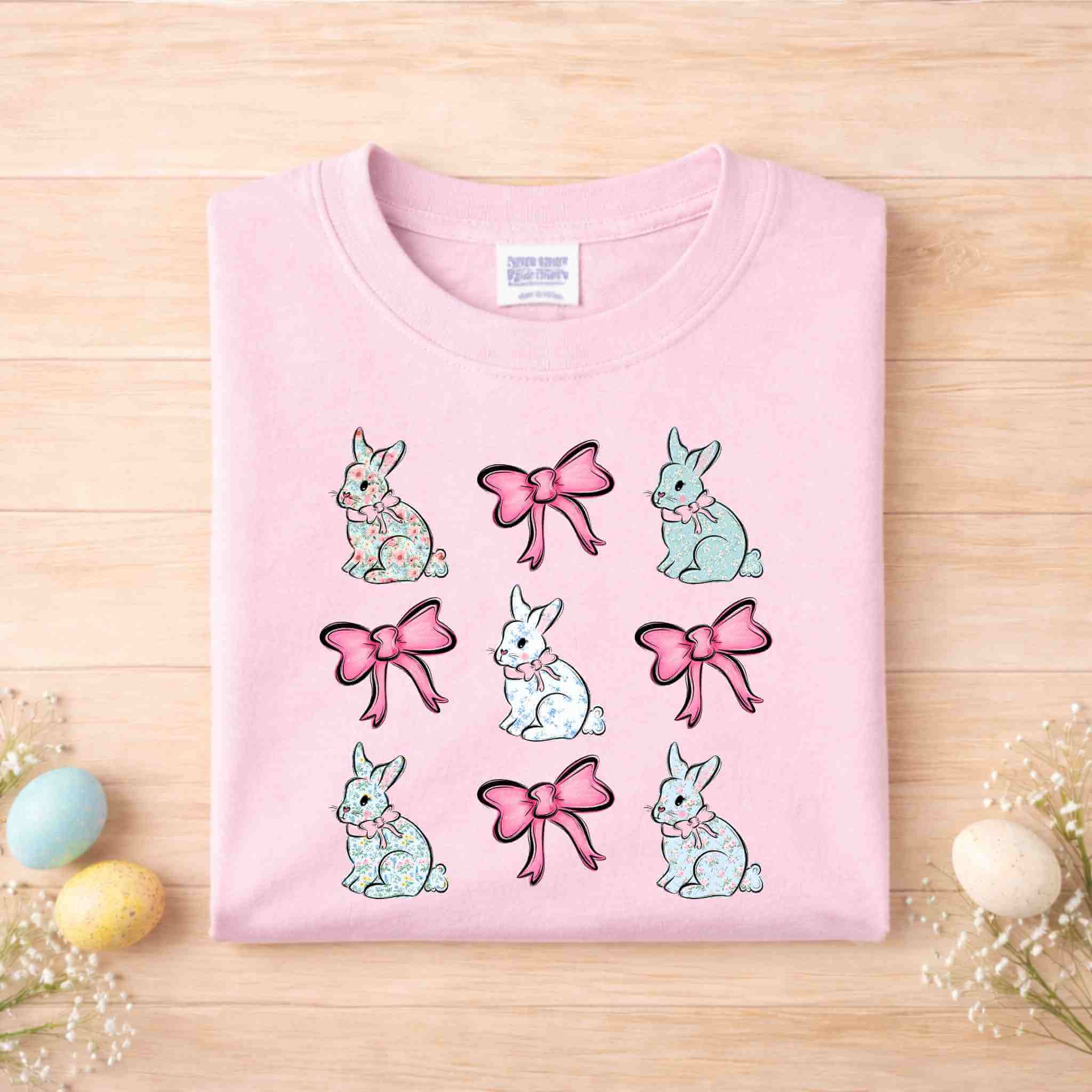 Girls Easter Bunny Bow Shirt – Youth Light Pink Gildan 6400B Spring Graphic Tee Becca's Banging Designs