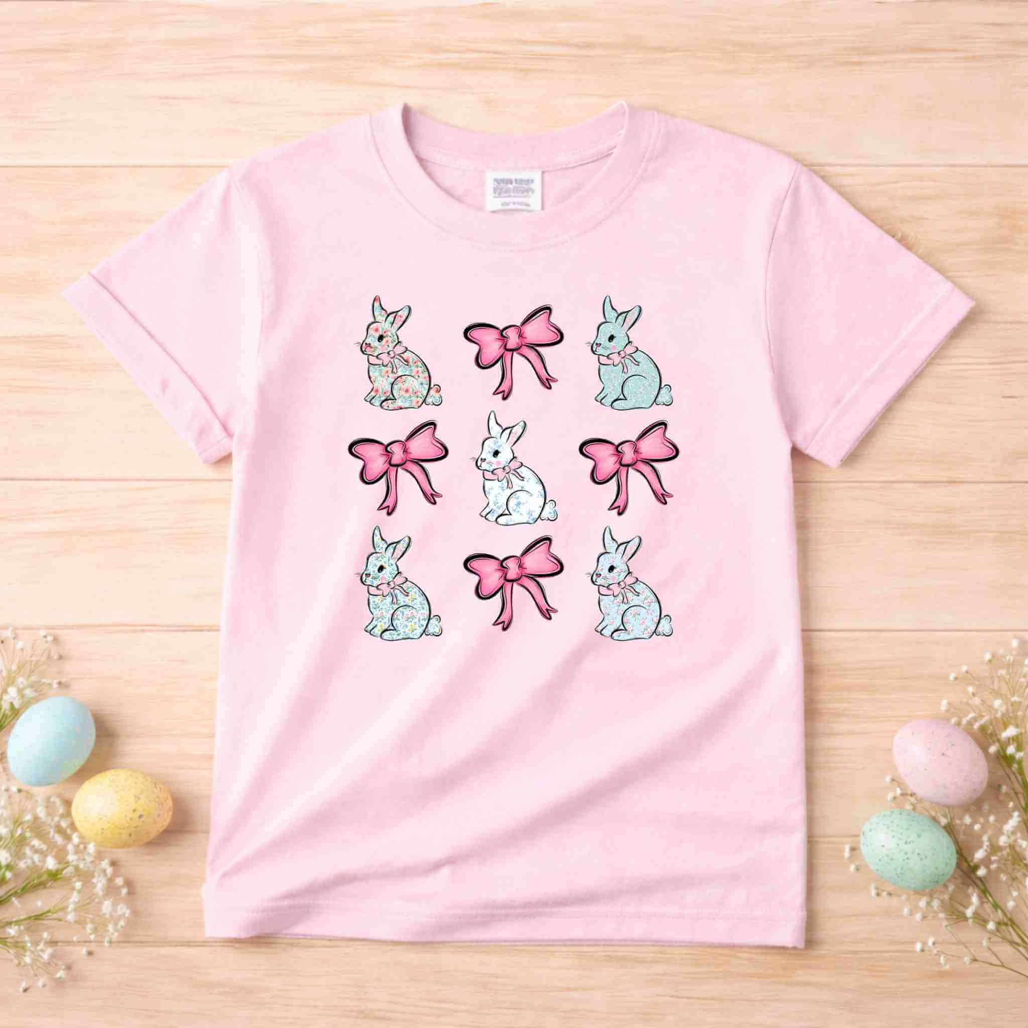 Girls Easter Bunny Bow Shirt – Youth Light Pink Gildan 6400B Spring Graphic Tee Becca's Banging Designs