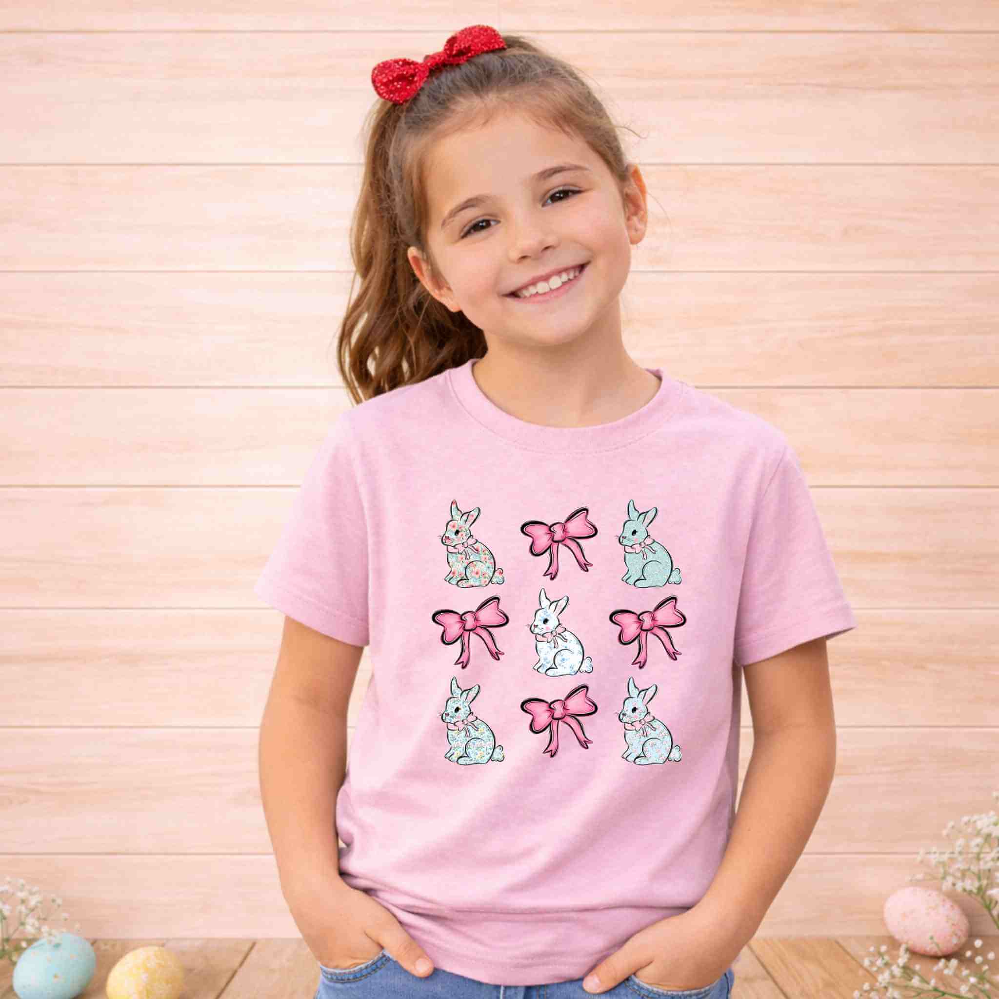 Girls Easter Bunny Bow Shirt – Youth Light Pink Gildan 6400B Spring Graphic Tee Becca's Banging Designs