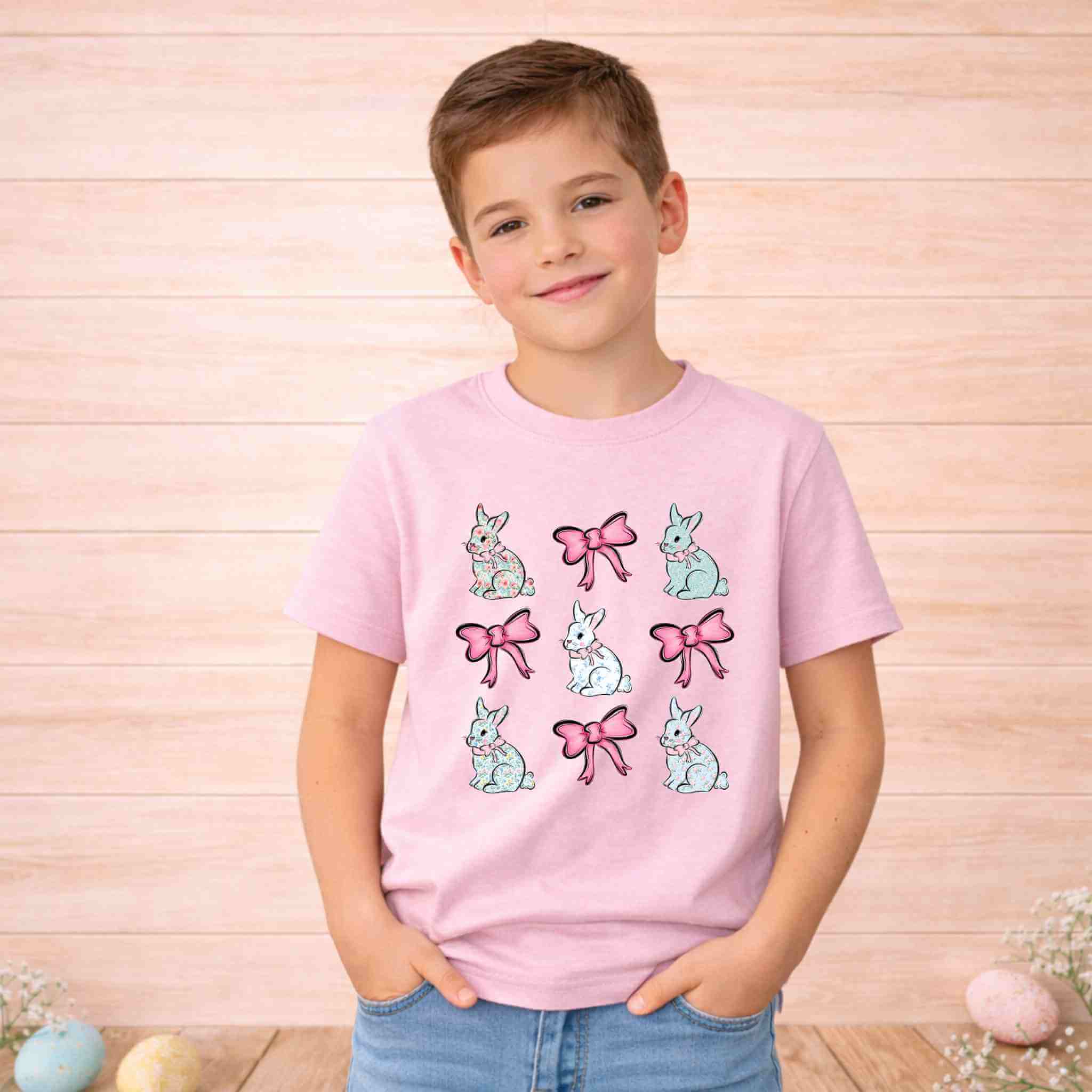 Girls Easter Bunny Bow Shirt – Youth Light Pink Gildan 6400B Spring Graphic Tee Becca's Banging Designs