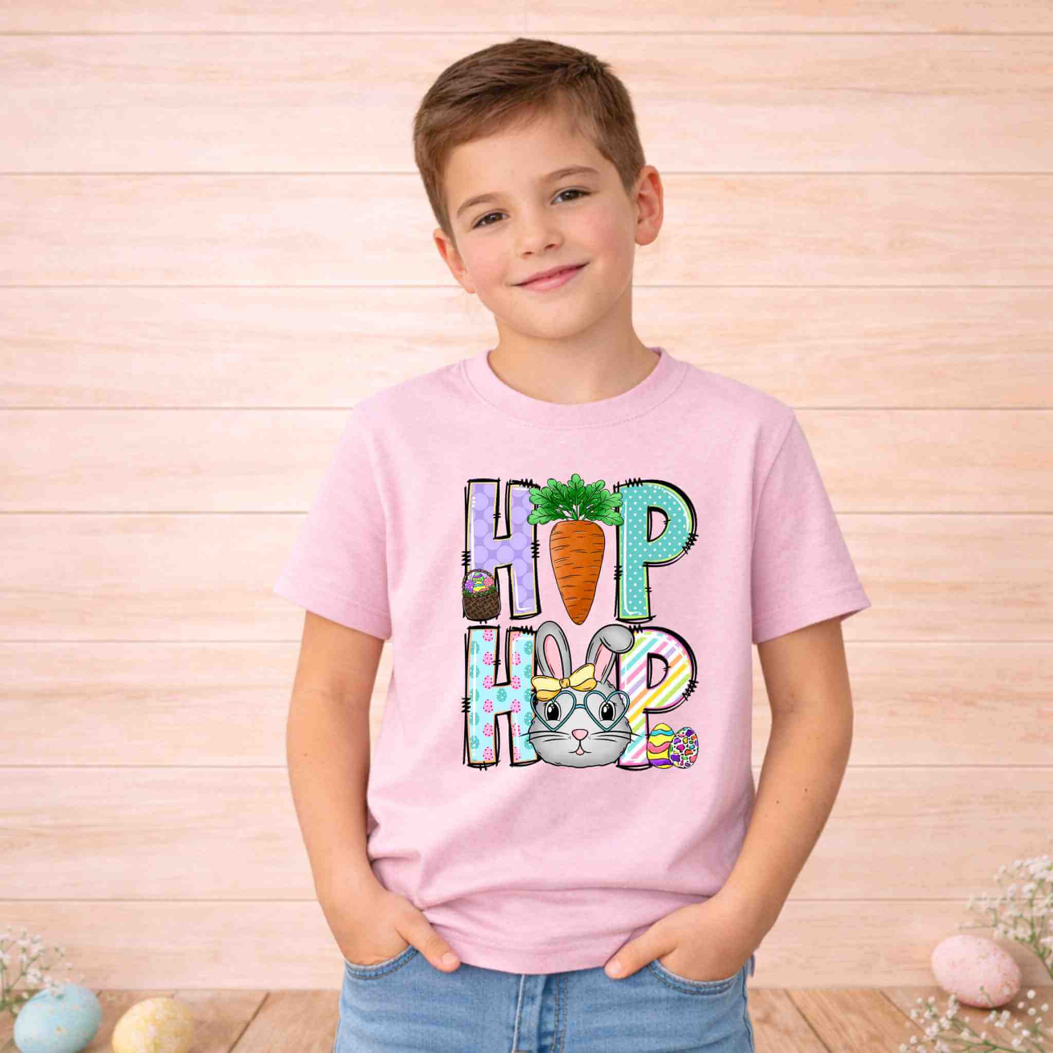 Youth in pink Easter Bunny HOP shirt featuring playful letters and a cute bunny with glasses.