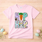 Easter Bunny HOP shirt for youth featuring pastel letters and a cute bunny design.