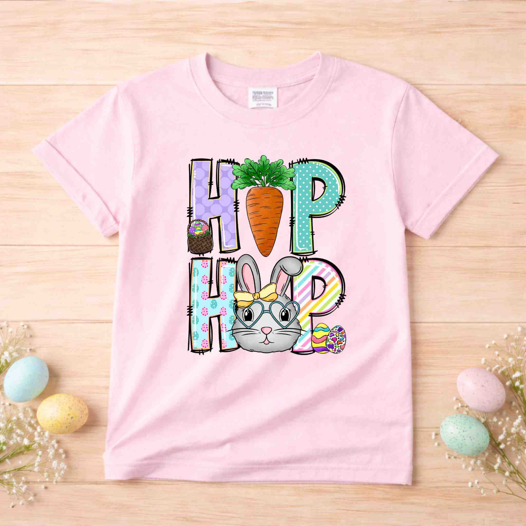 Easter Bunny HOP shirt for youth featuring pastel letters and a cute bunny design.