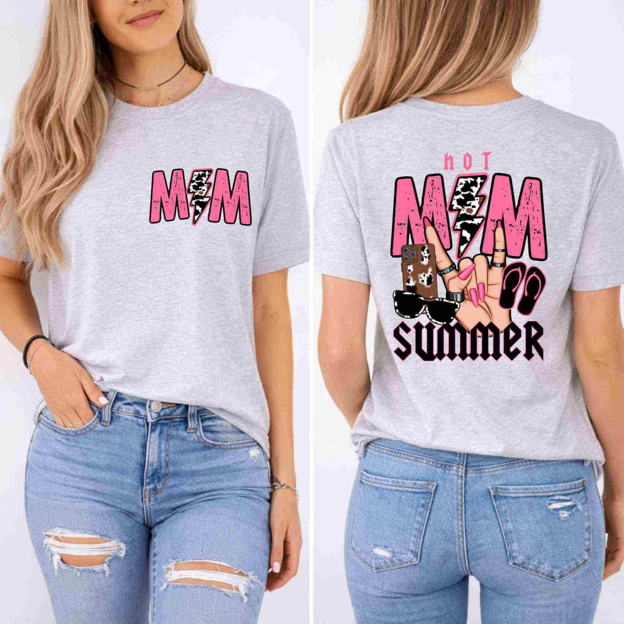 A woman wears Becca's Banging Designs LLC's Hot Mom Summer Tee, a light gray shirt with "MIM" in pink and a lightning bolt on the front, "Hot MIM Summer" plus sandals, sunglasses & peace sign on the back, paired with blue ripped jeans.