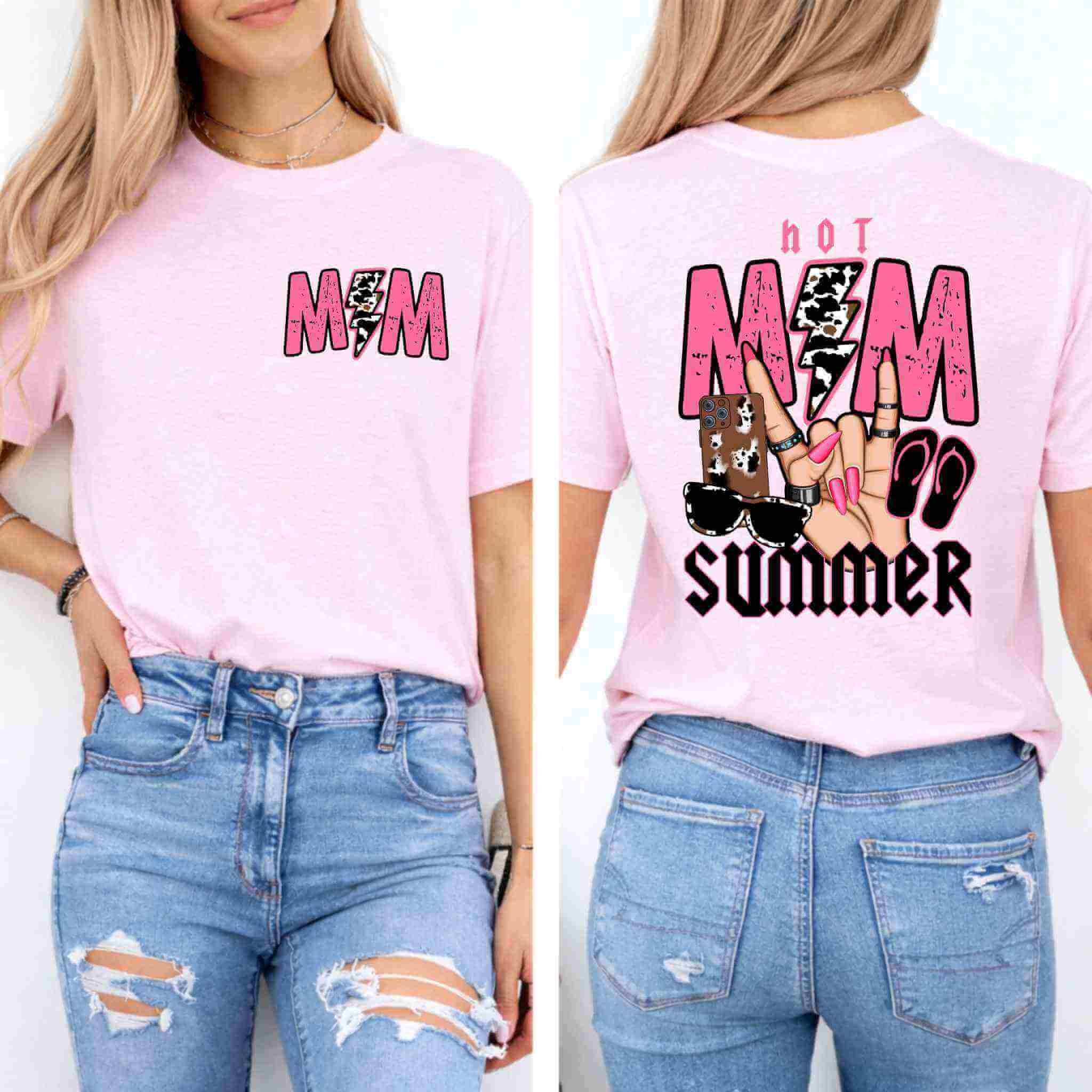 A woman wears the Hot Mom Summer Tee – Trendy Mama Graphic Shirt by Becca's Banging Designs LLC, featuring bold “MOM” on the front and playful summer graphics on the back, paired with ripped blue jeans for a casual vibe.