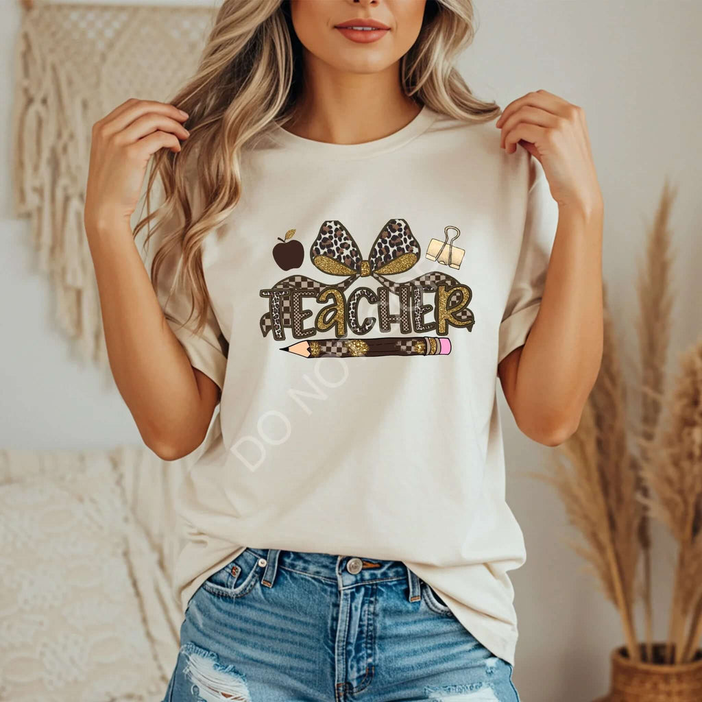 Leopard Love Teacher Tee - Sparkly Bow Graphic T-Shirt for Trendy Classrooms - Becca's Banging Designs